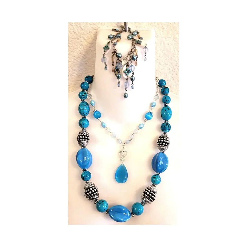 Vtg Turquoise Blue Jewelry Lot 2 Necklaces 1 Bracelet Ceramic Glass Moonstone